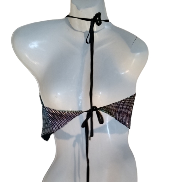 lulus sequin tie-back halter top xs cowl neck iridescent sequins cropped bodice - Picture 2 of 9